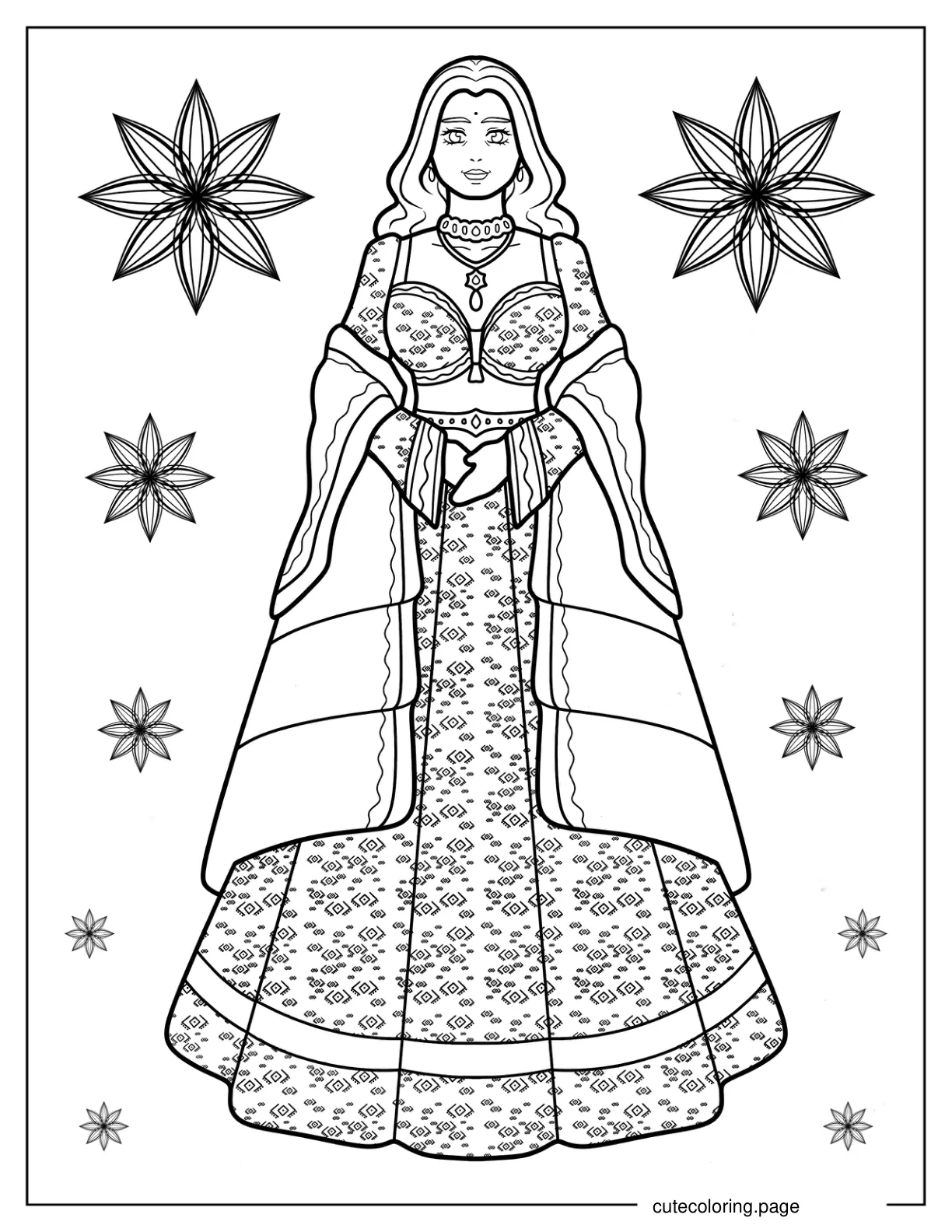 Indian Woman Wearing Elegant Sari Dress Coloring Sheet coloring page