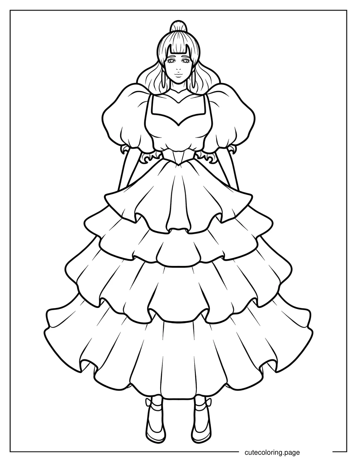 Long Dress With Puff Sleeves And Layered Skirt Coloring Page coloring page