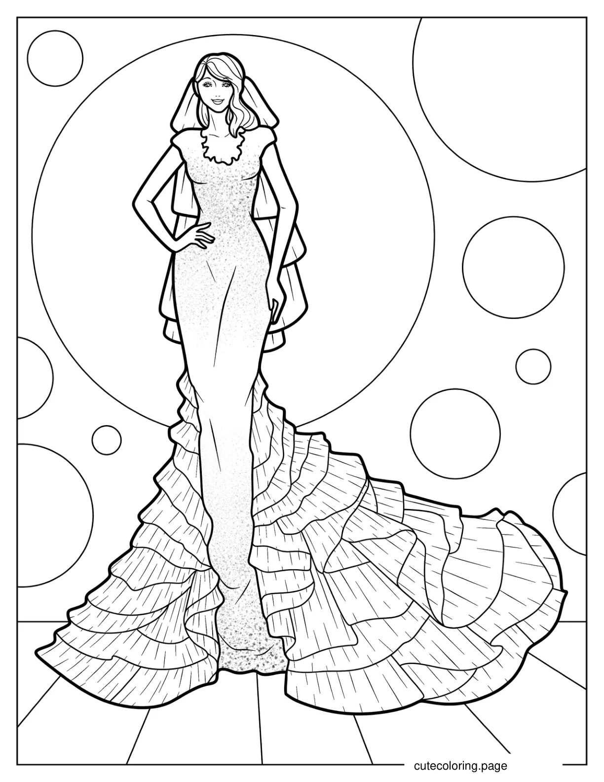 Wedding Dress With Short Sleeves And Tiered Tulle Tail coloring page