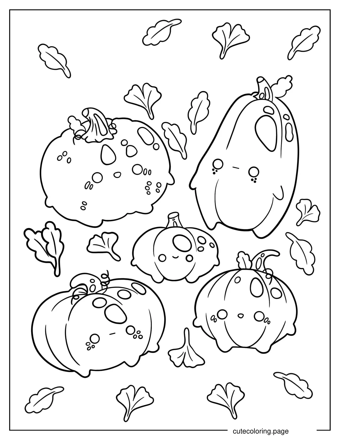 Kawaii Pumpkins With Fall Leaves coloring page