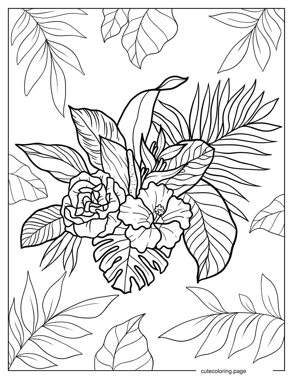 Coloring Page Of Exotic Tropical Orchid Strelitzia Hibiscus Protea And Calathea coloring page