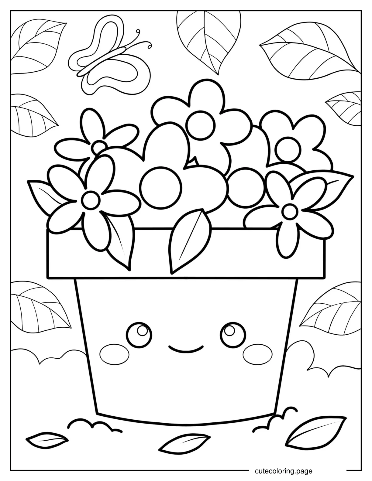 Daisies In Cartoon Pot With Butterfly coloring page