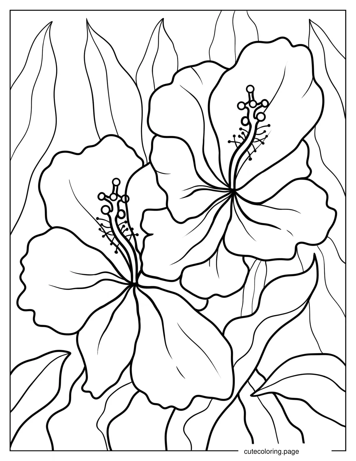 Large Hibiscus Among Leaves Coloring Page coloring page