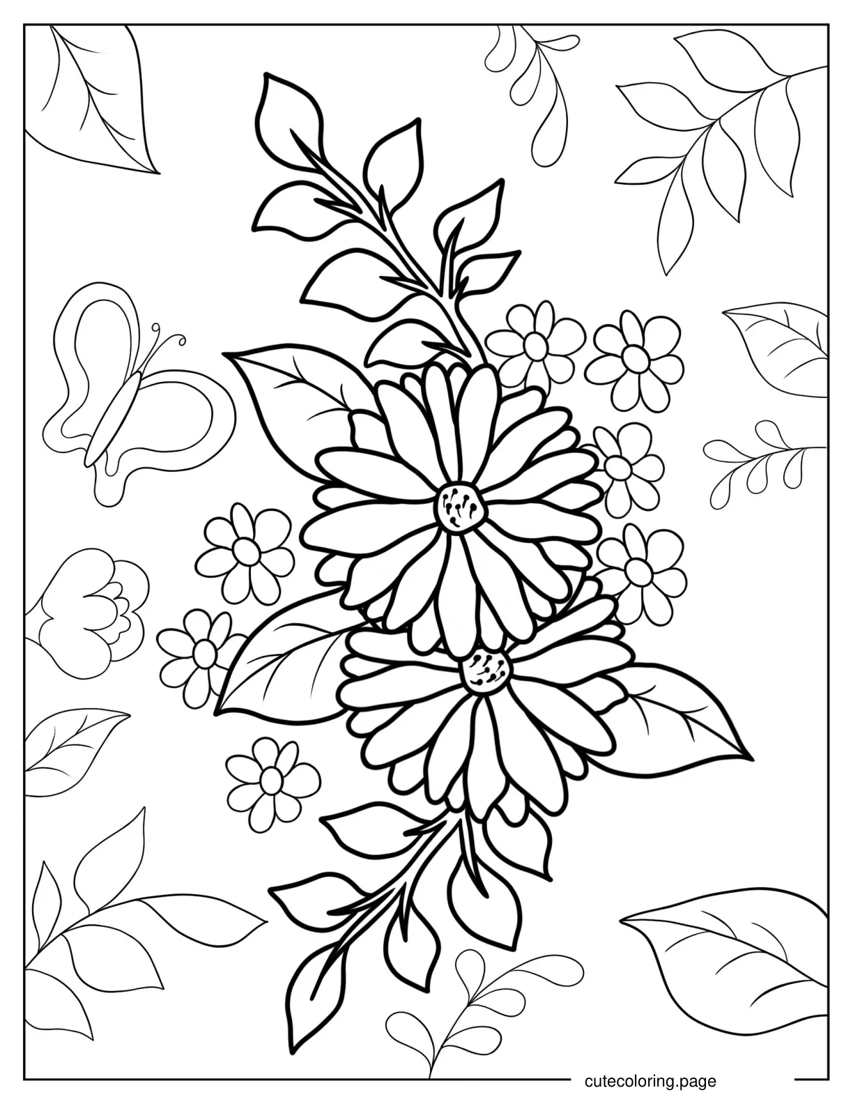 Peony Flowers With Leaves Coloring Sheet coloring page