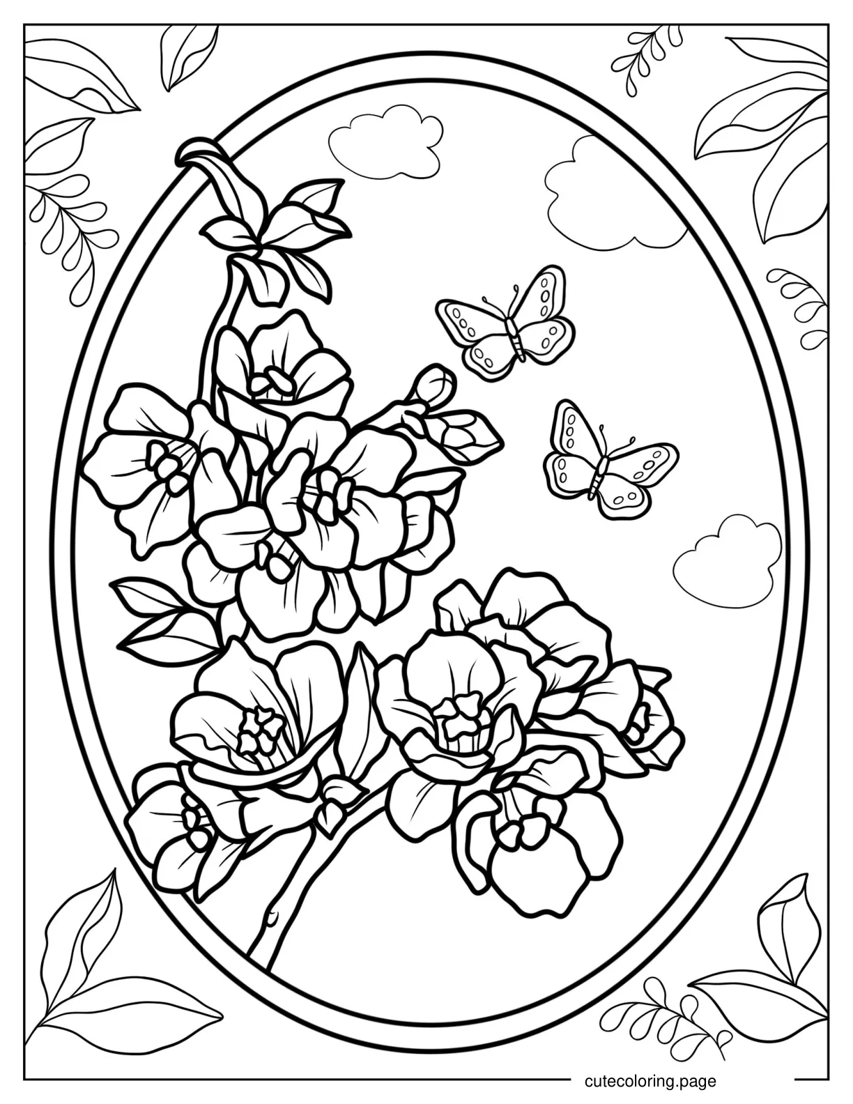 Quince Flowers With Butterflies In A Ring Coloring Page coloring page