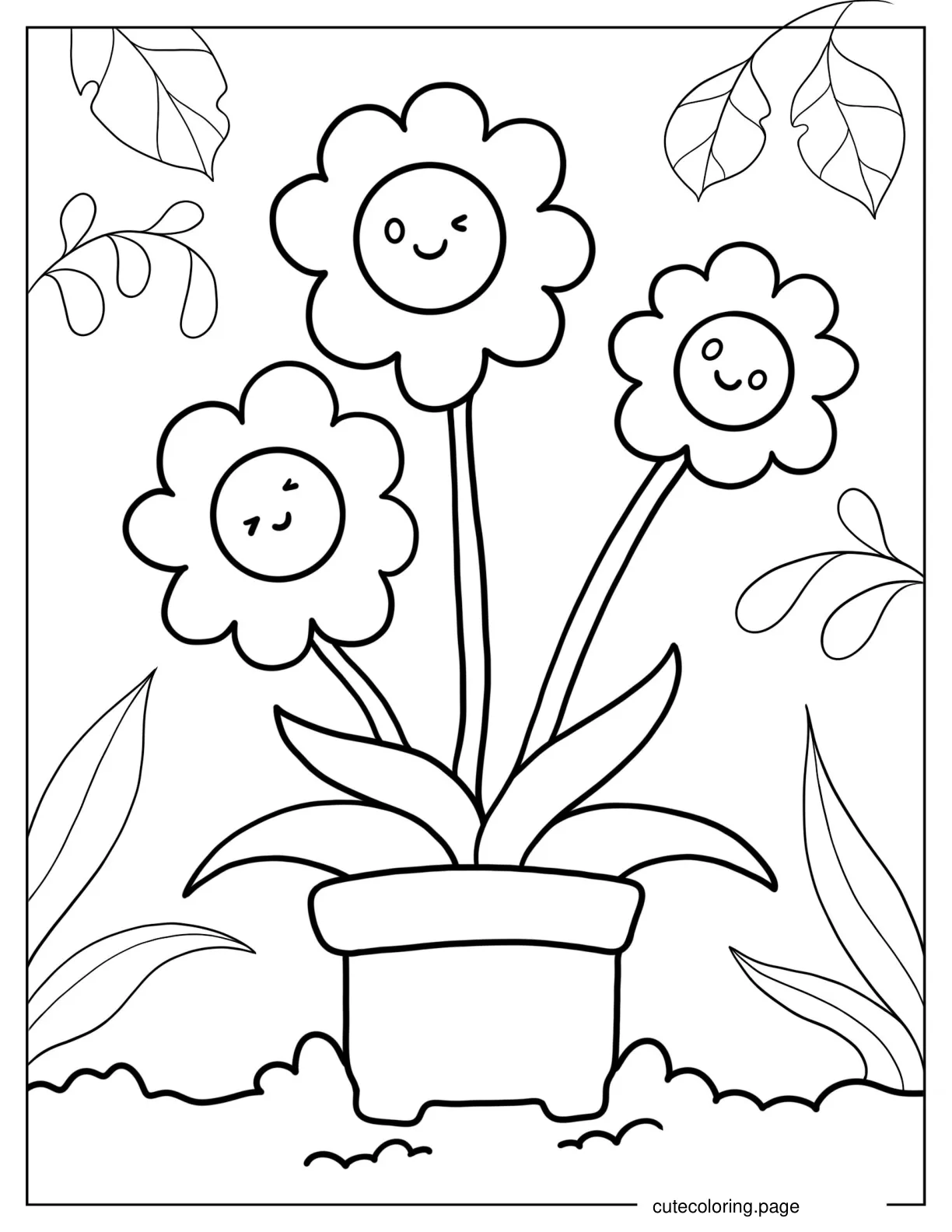 Three Happy Sunflowers In Garden Pot Coloring Sheet coloring page