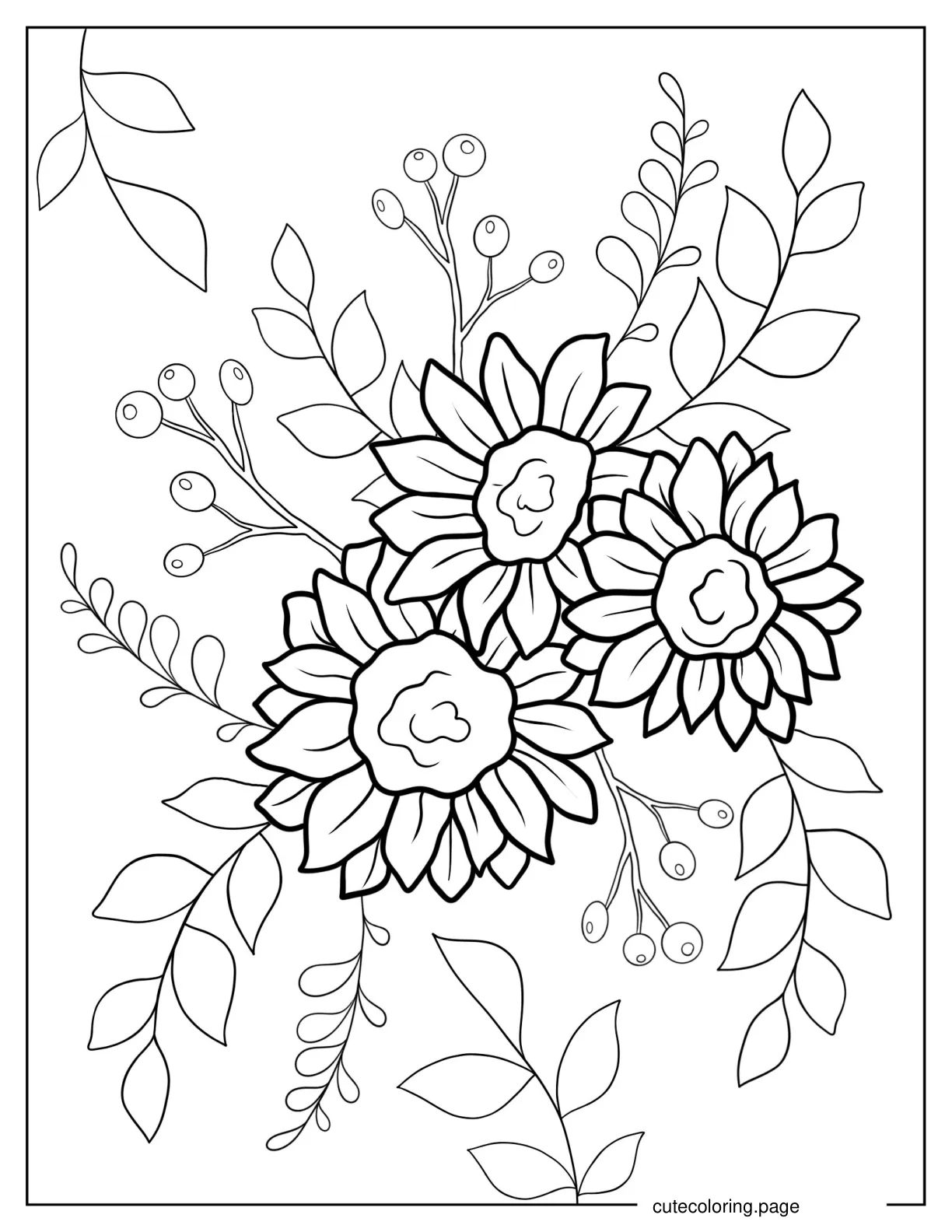 Three Small Sunflowers With Leaves coloring page