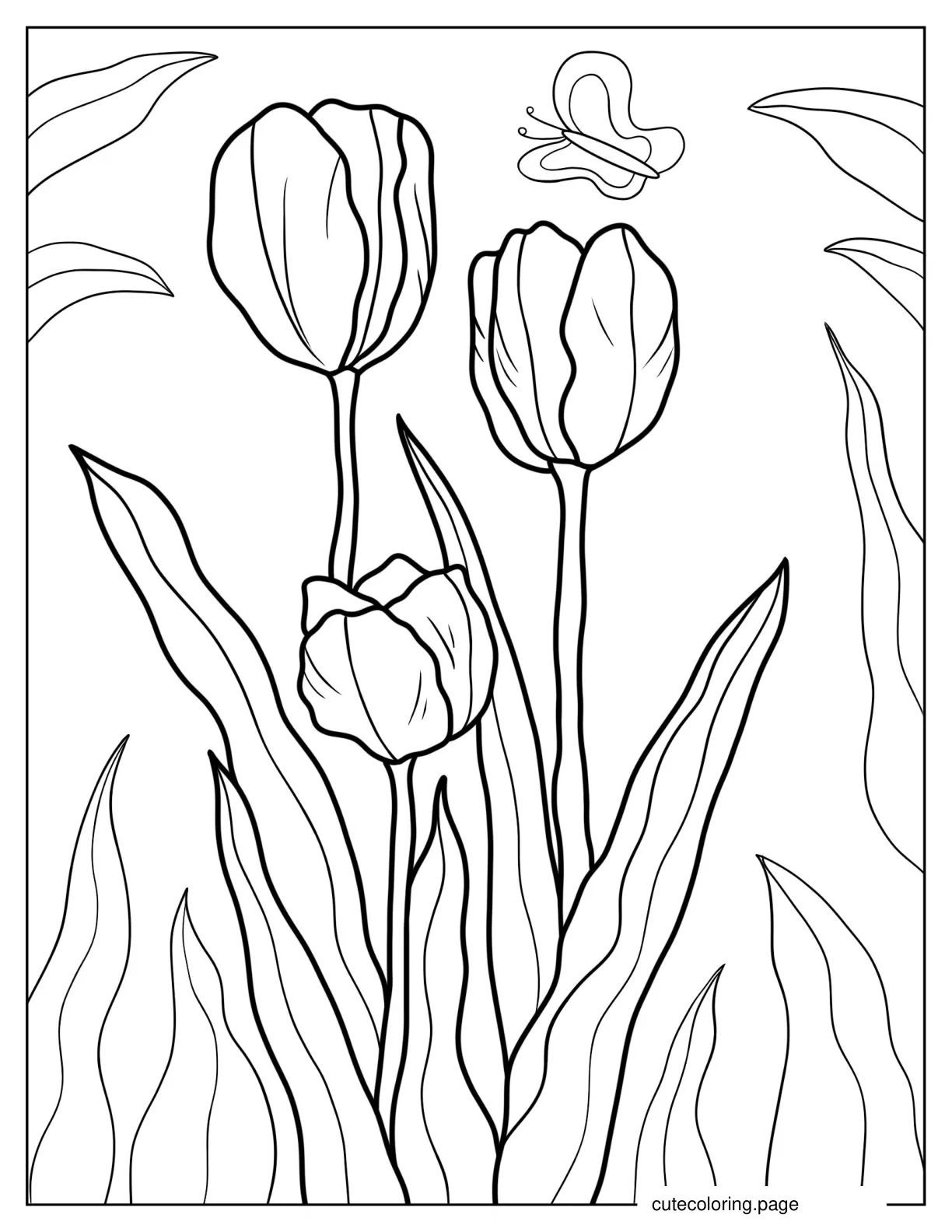 Three Tulip Flowers With Butterfly coloring page