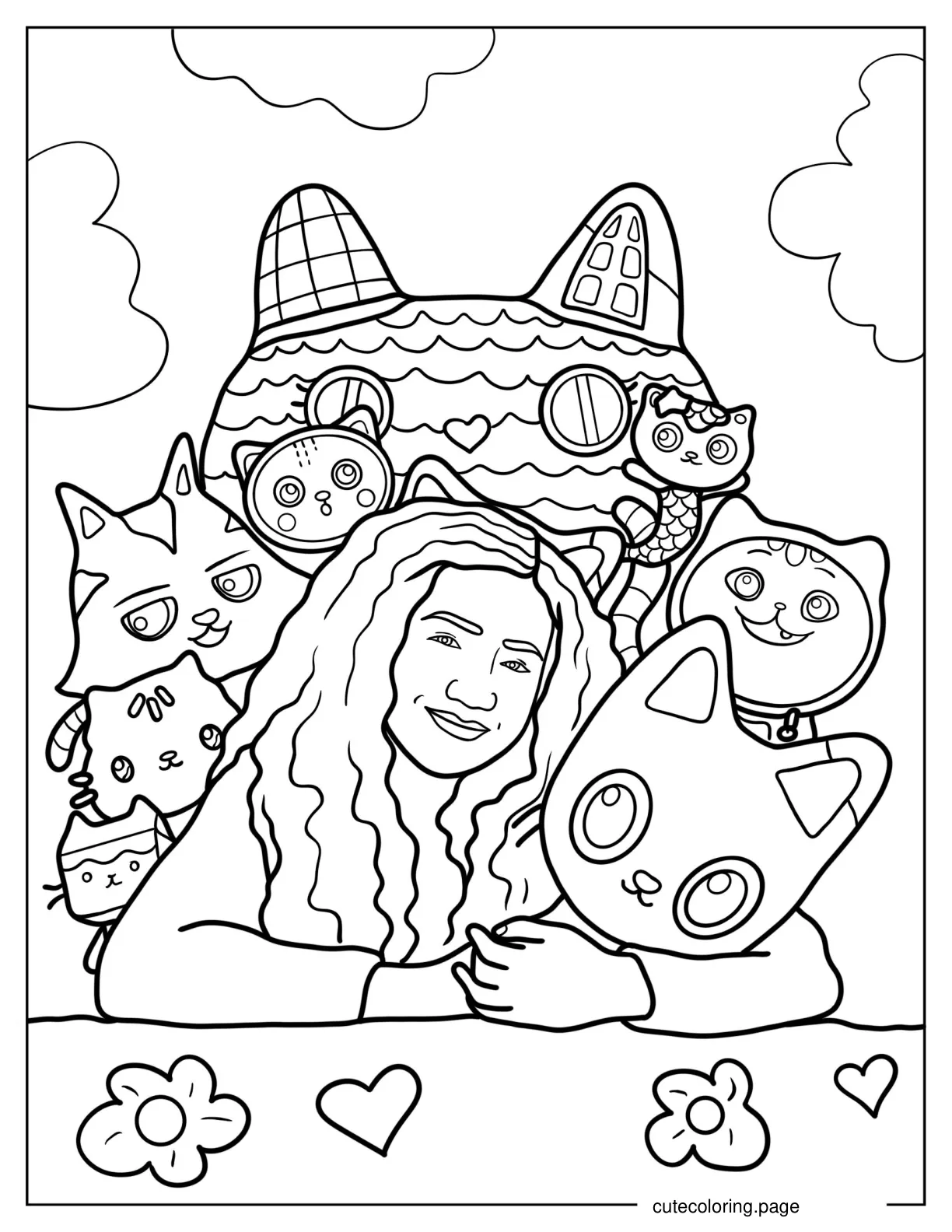 Realistic Coloring Page Of Gabby With Cartoon Cat Friends coloring page