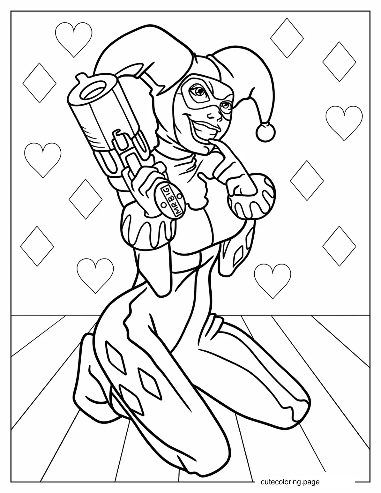 Detailed Outline Of Harley Quinn In Clown Costume coloring page