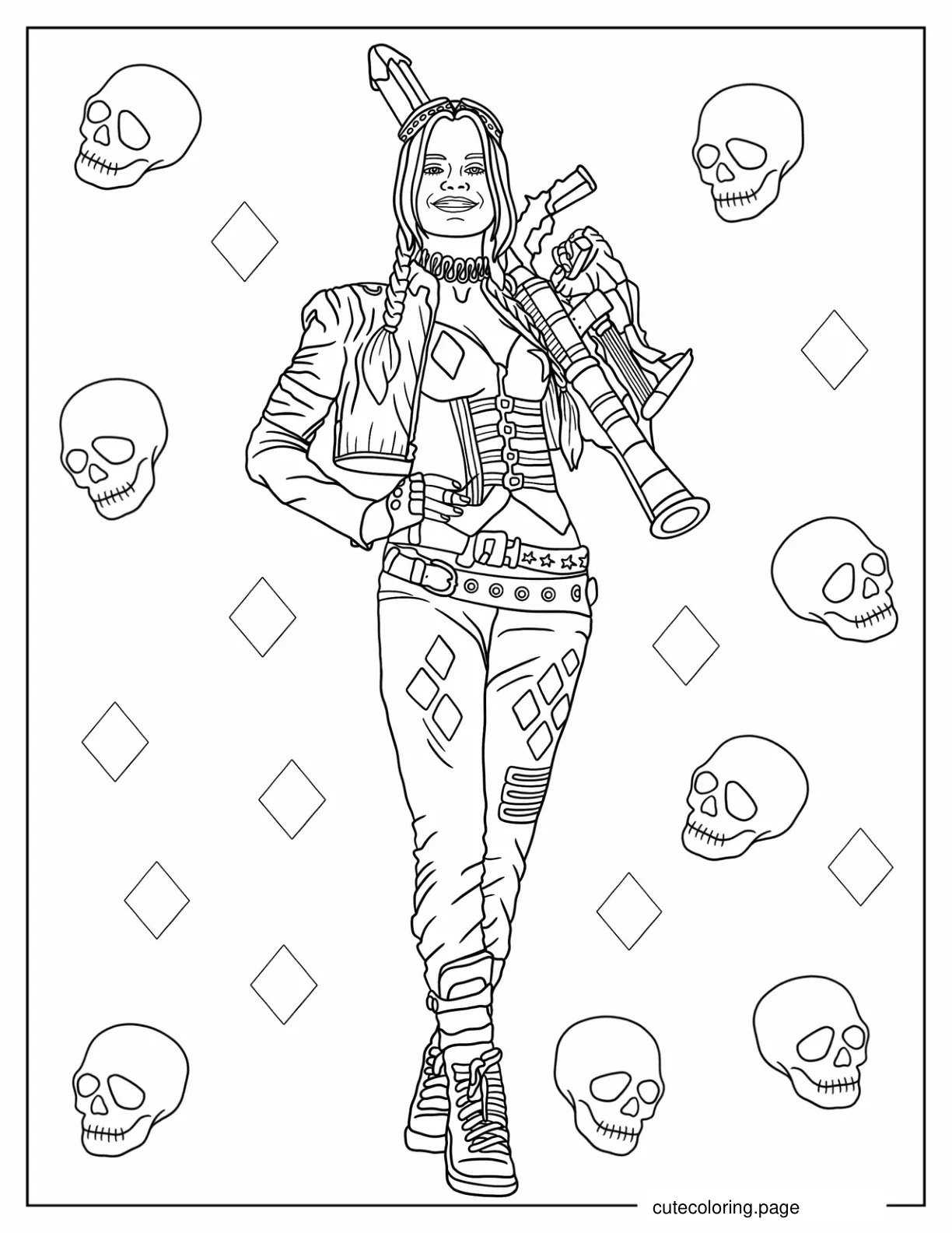 Harley Quinn Holding Weapon Coloring Sheet coloring page