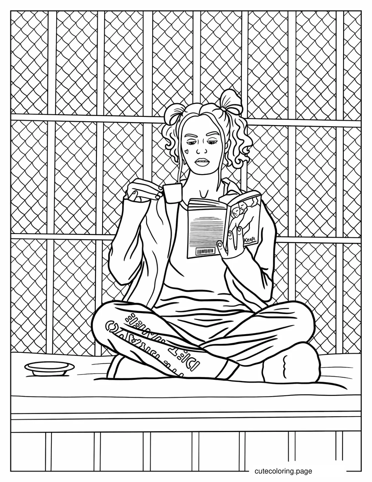 Harley Quinn Reading And Drinking Tea In Prison coloring page