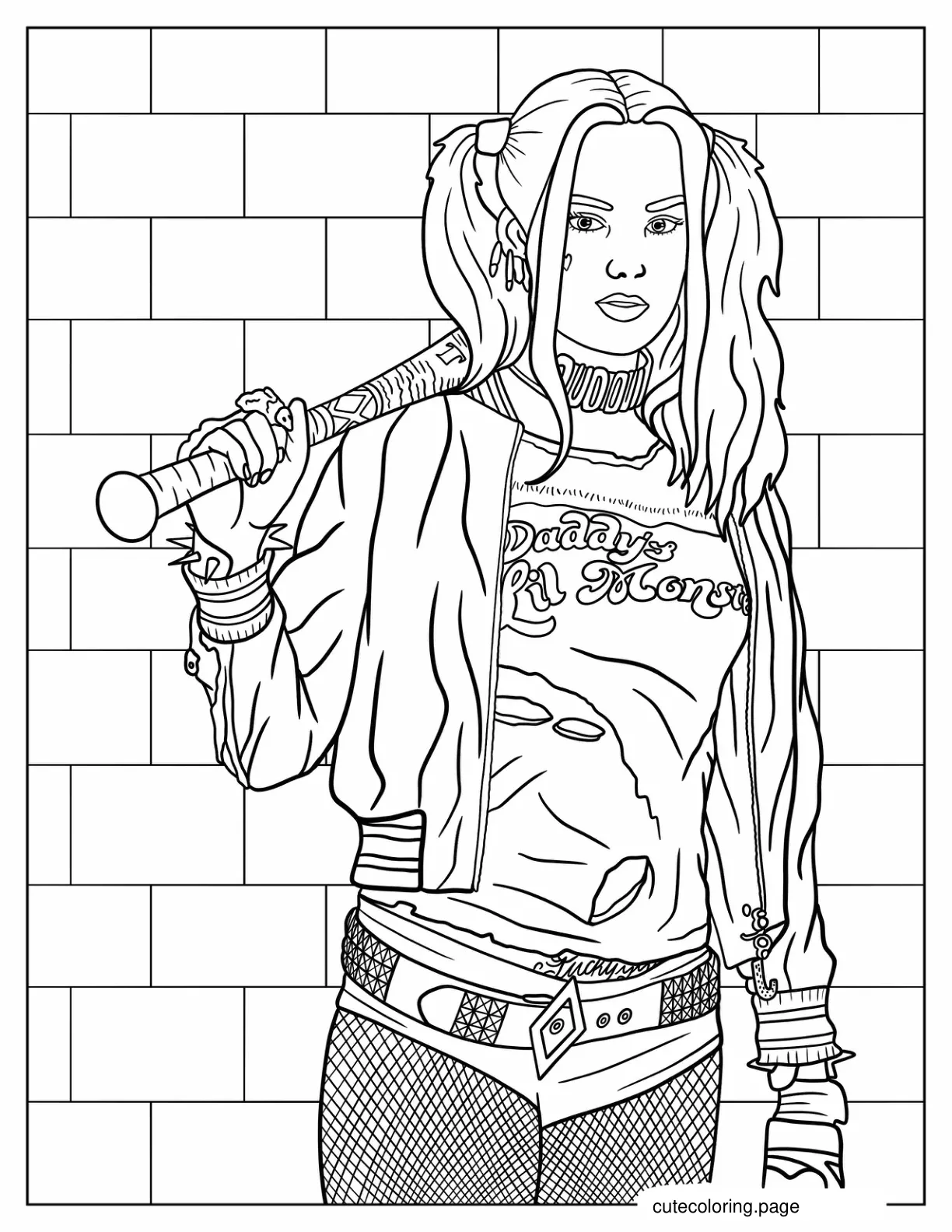 Realistic Coloring Page Of Harley Quinn With Bat coloring page