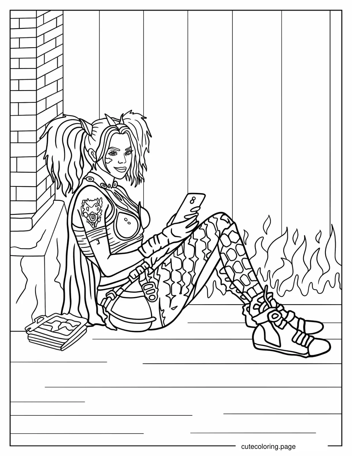 Realistic Coloring Sheet Of Harley Quinn Sitting coloring page