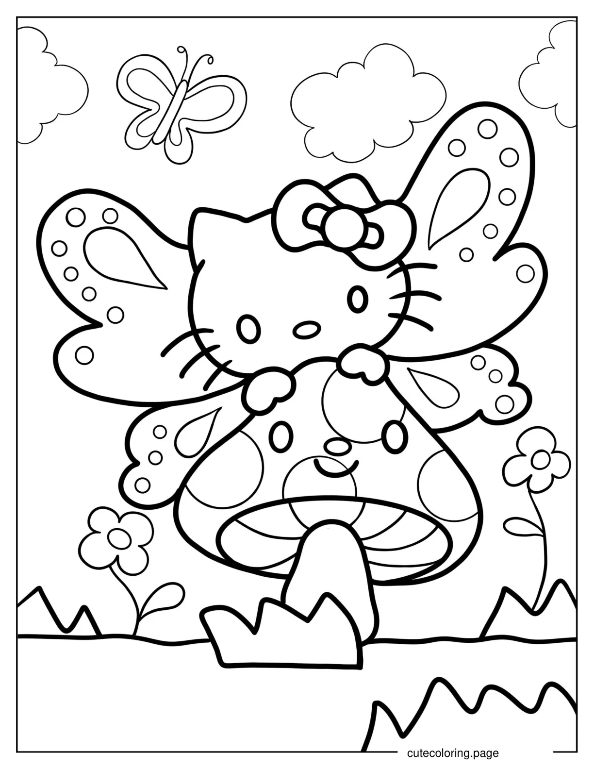 Butterfly Hello Kitty Hugging Mushroom To Color coloring page