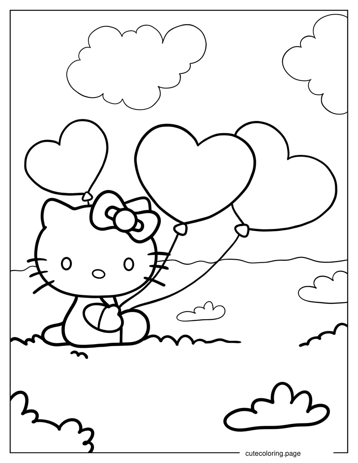 Coloring Sheet Of Hello Kitty Holding Heart Balloons coloring page