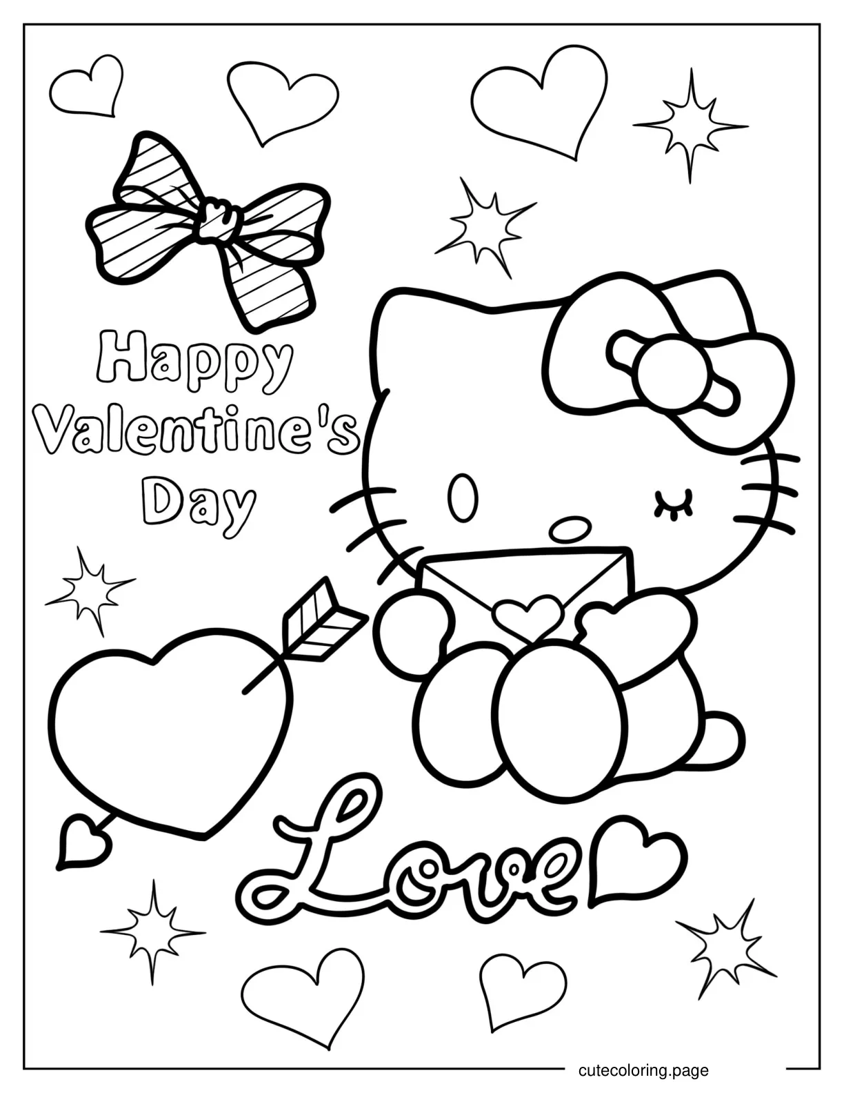 Coloring Sheet Of Hello Kitty With Valentine_s Day Card coloring page