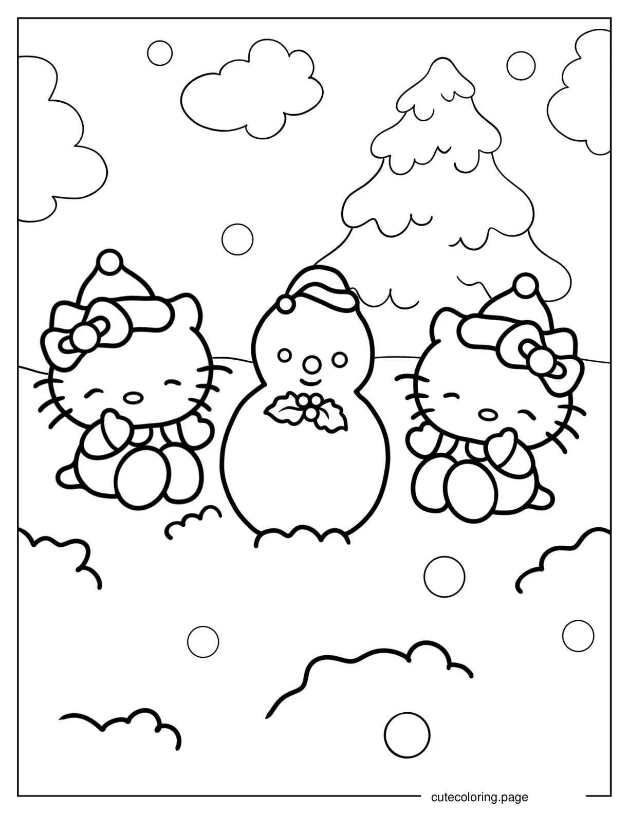 Hello Kitty And Mimmy Making Christmas Snowman coloring page