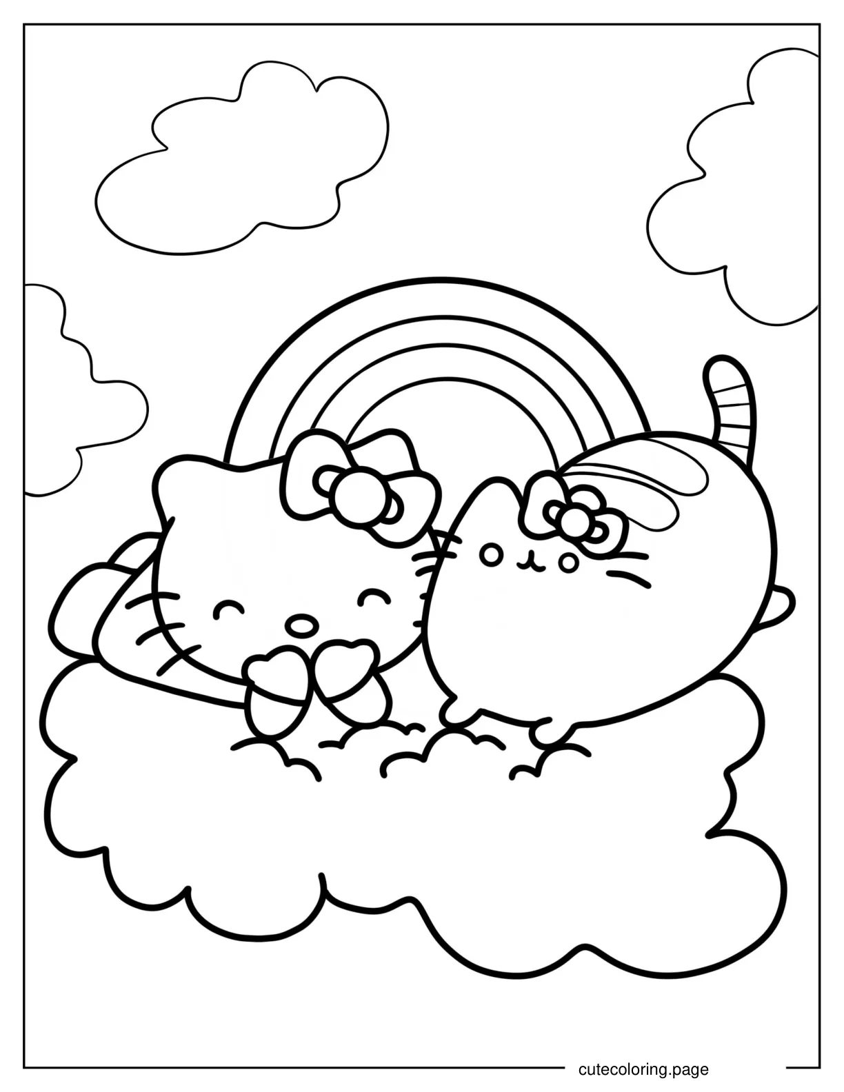 Hello Kitty And Pusheen On A Cloud coloring page