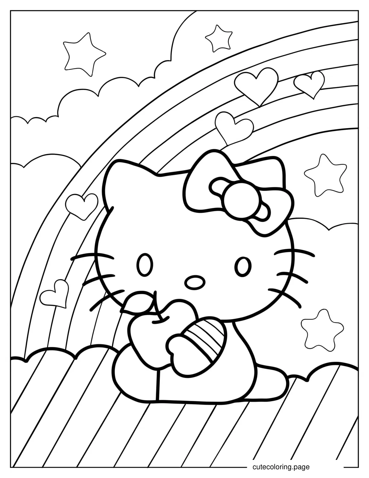 Hello Kitty Eating Apple To Color coloring page