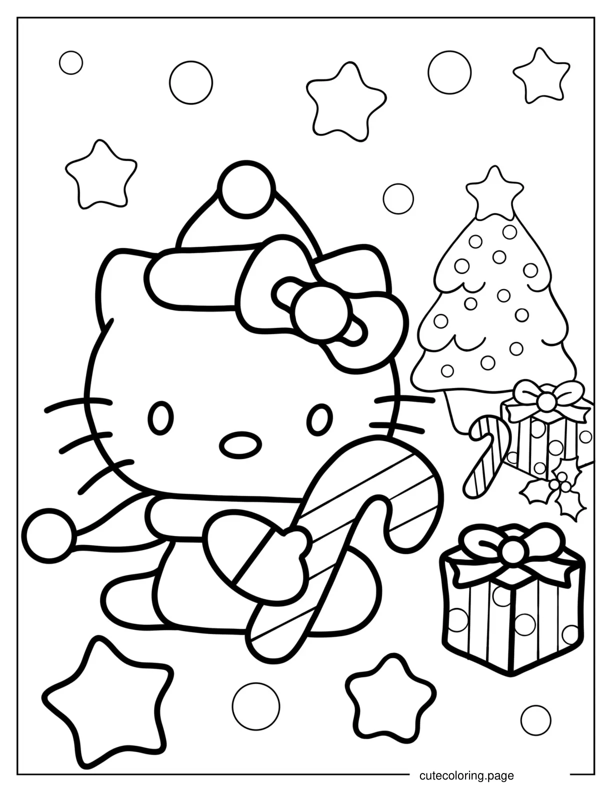 Hello Kitty Holding Candy Cane On Christmas coloring page