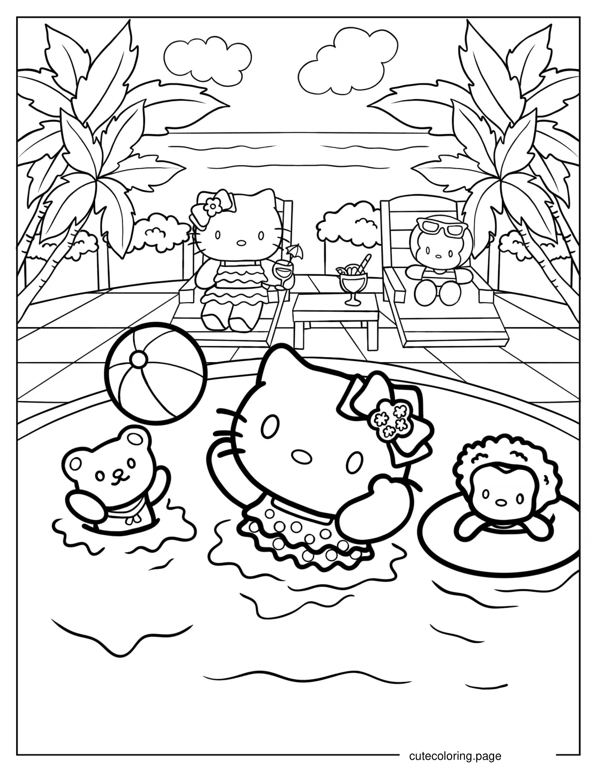 Hello Kitty Playing In The Pool With Friends coloring page