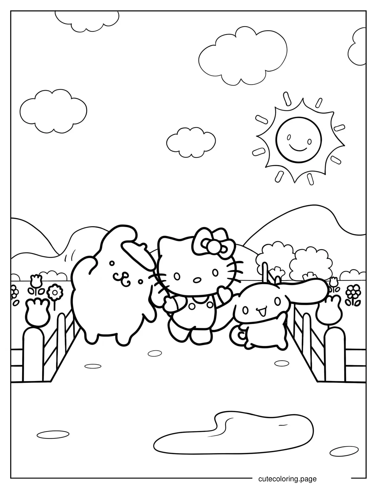 Hello Kitty With Pompompurin And Cinnamoroll coloring page