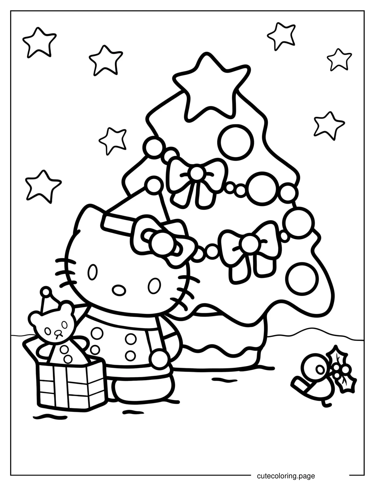 Hello Kitty With Present And Christmas Tree Coloring In coloring page