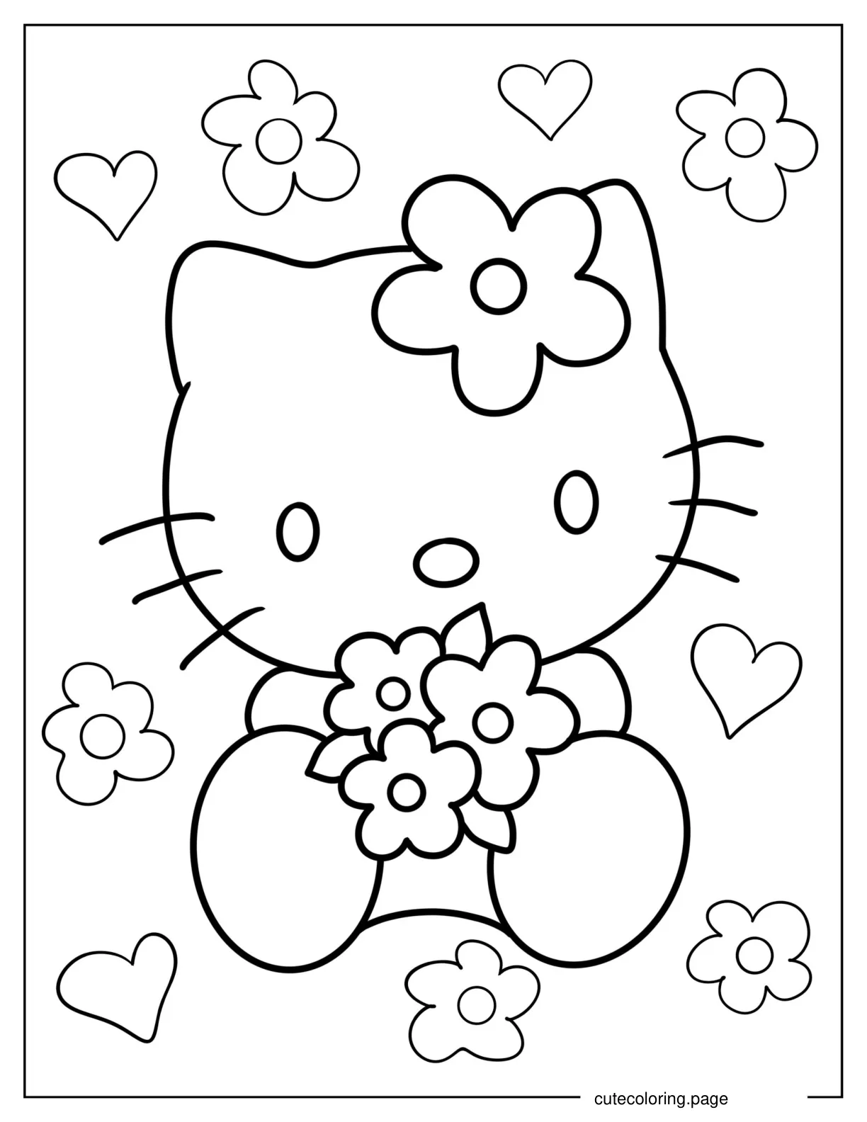 Outline Of Hello Kitty Holding Flowers coloring page