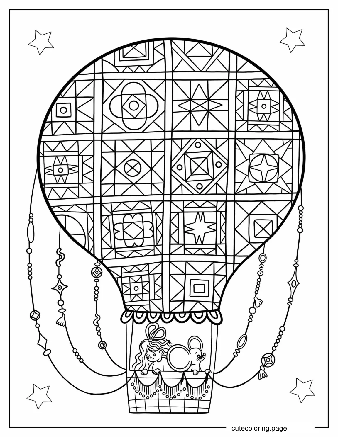 Cute Mandala Hot Air Balloon With Mouse coloring page