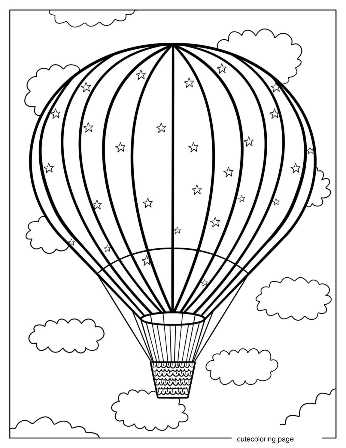 Hot Air Balloon Floating In Clouds With Stars coloring page