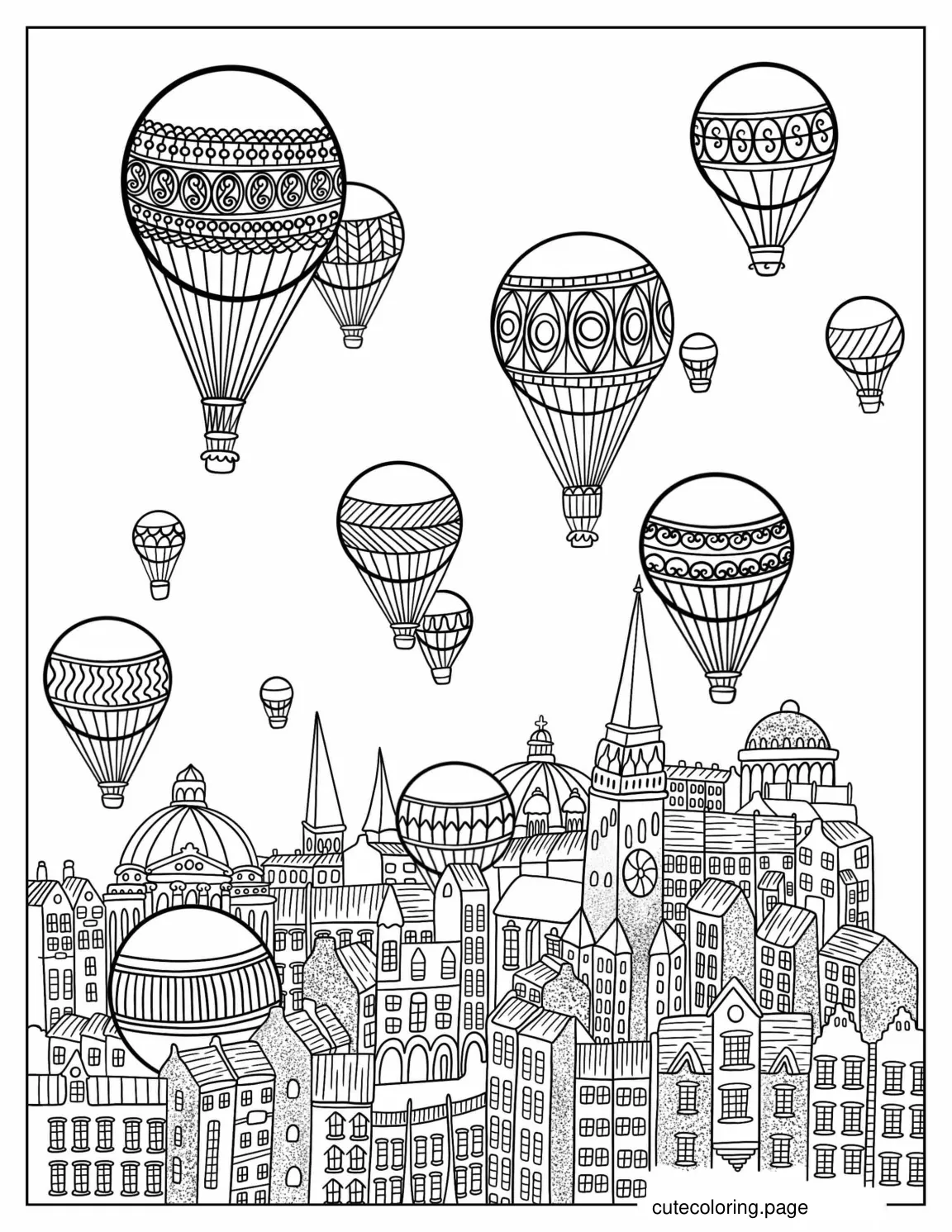 Hot Air Balloons Floating Over City coloring page