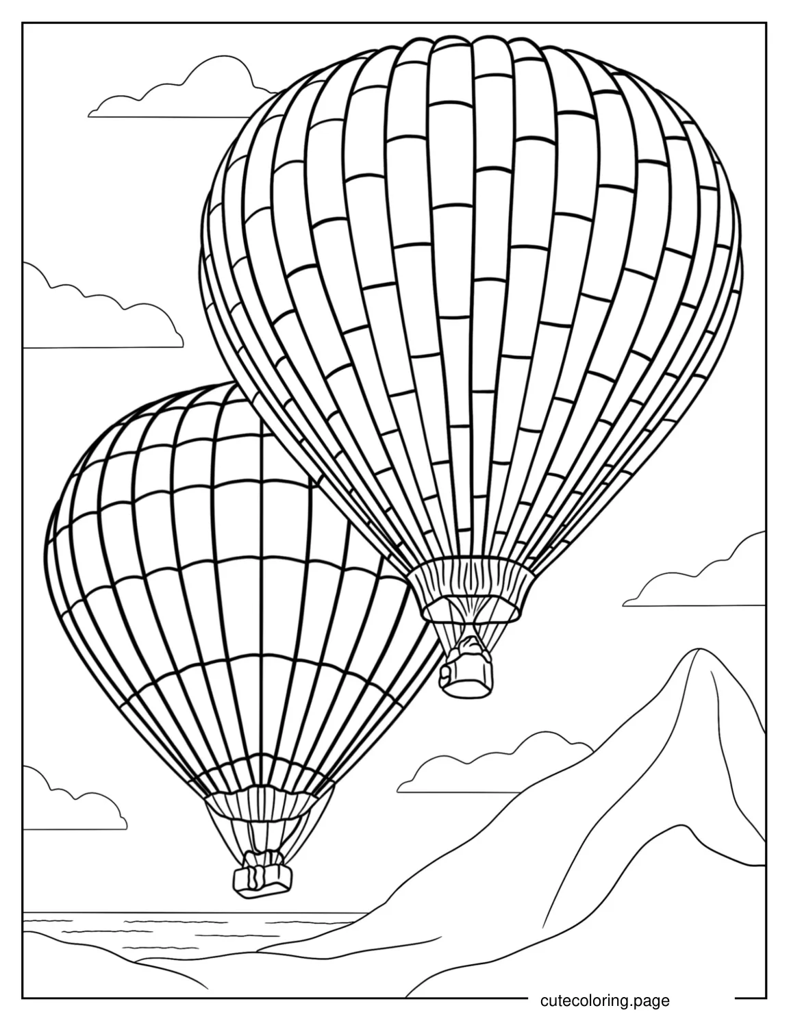 Two Hot Air Balloons Floating Over Mountain coloring page