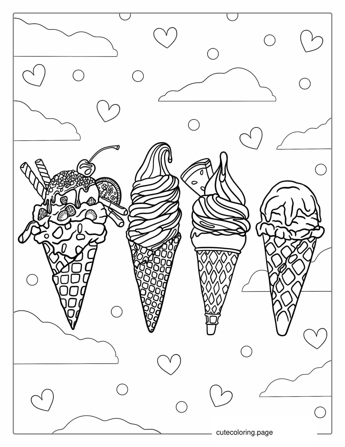 Assorted Ice Cream And Soft Serve In Cones coloring page