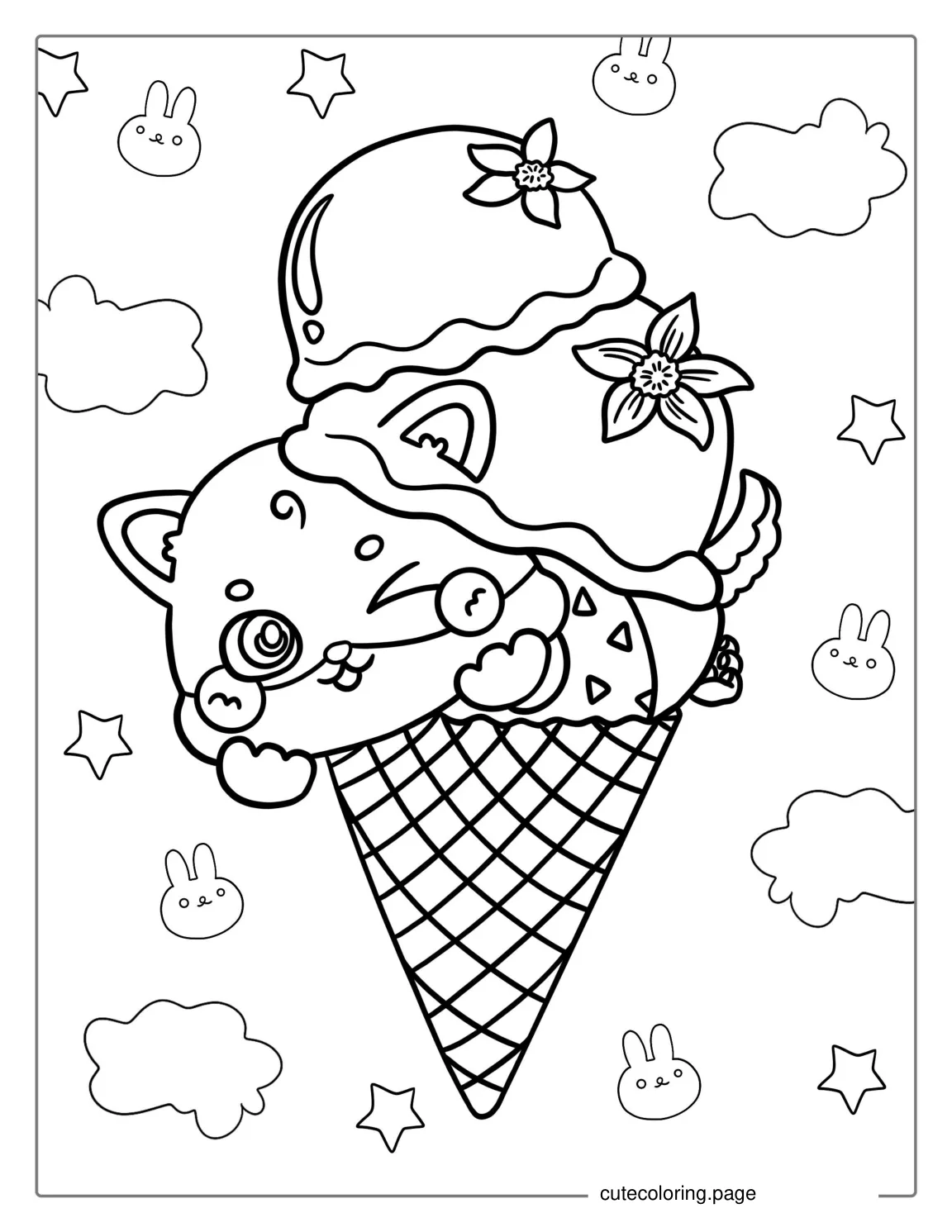 Coloring Page Of a Cat Kawaii Ice Cream coloring page