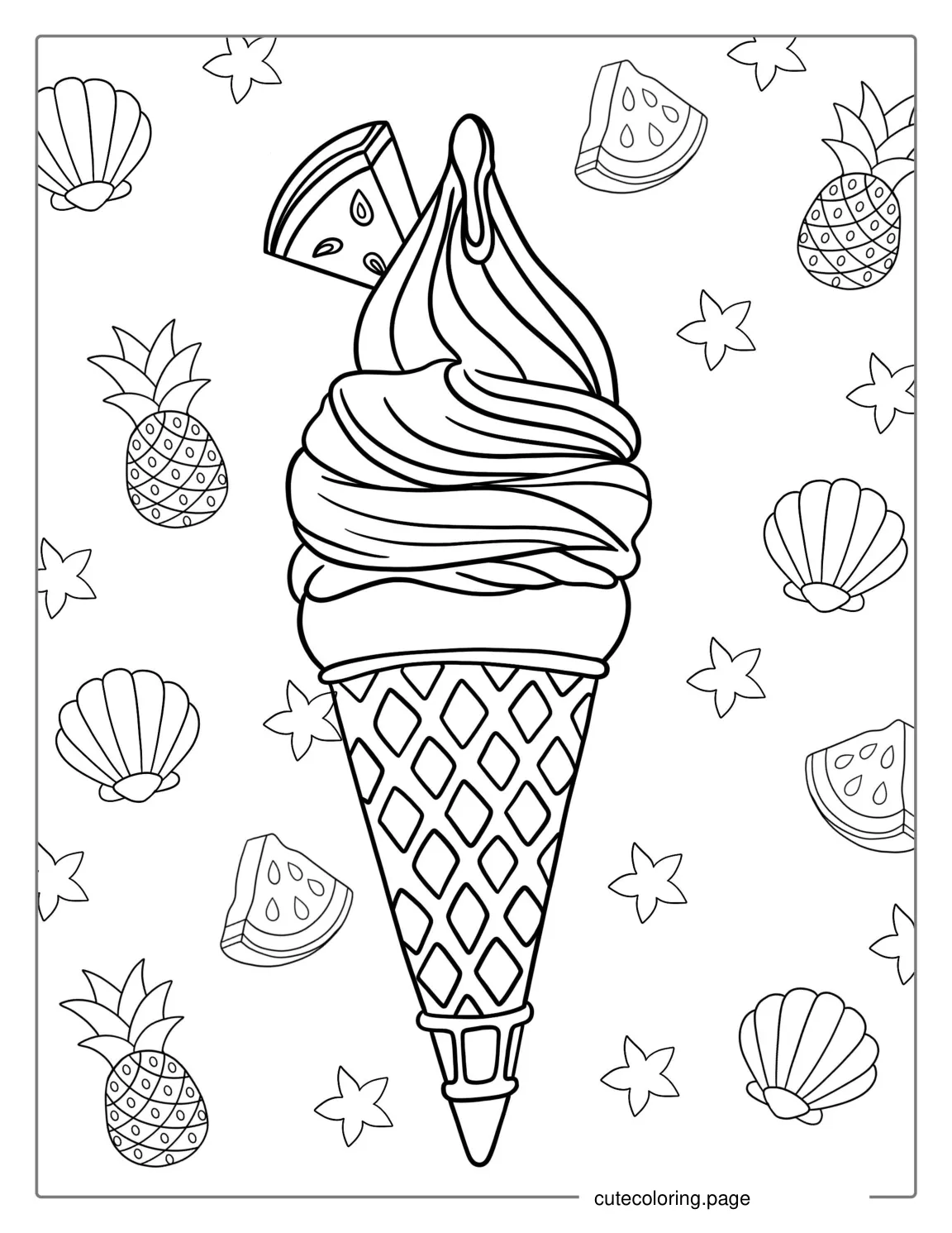 Summer Themed Ice Cream With Watermelon coloring page