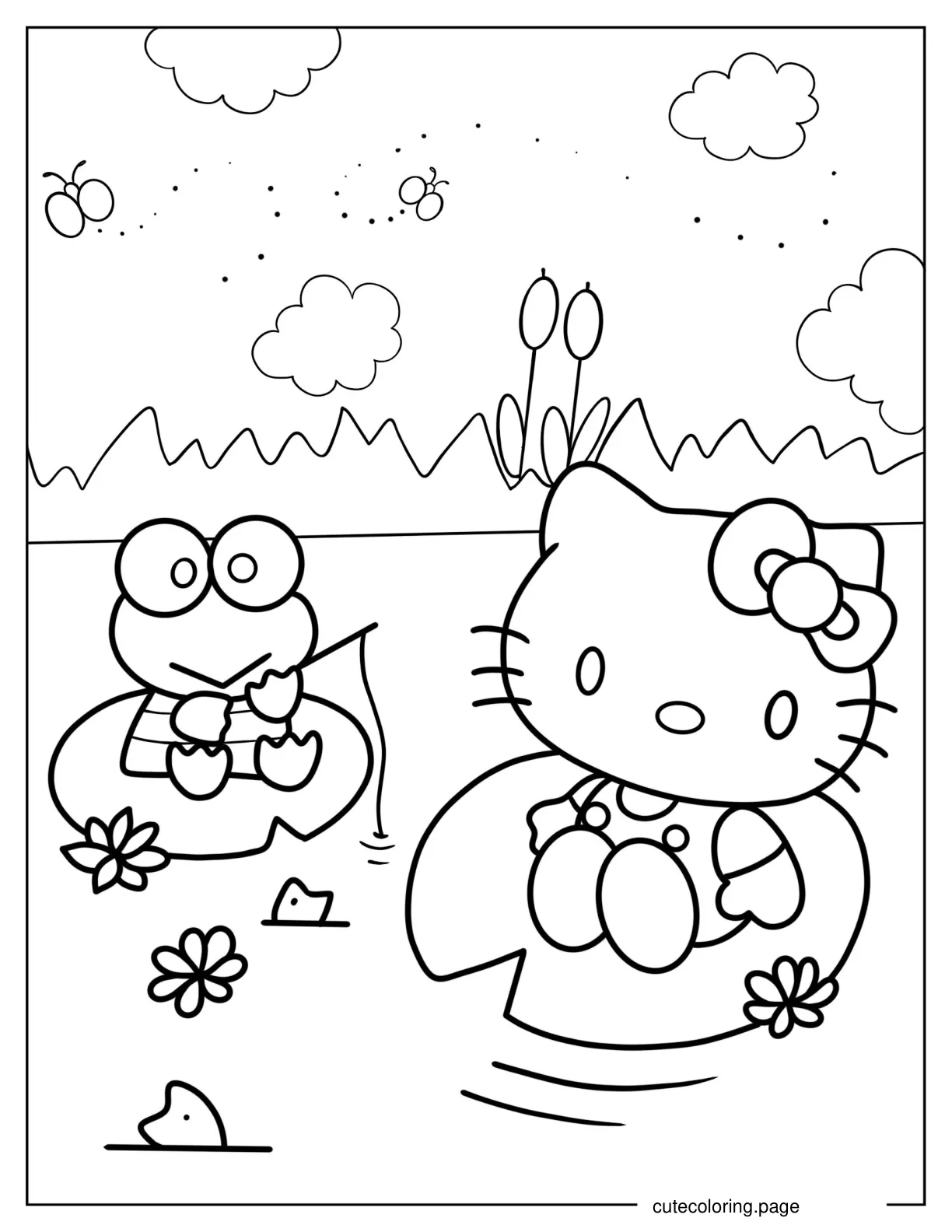 Hello Kitty And Keroppi Sitting On Lily Pads coloring page