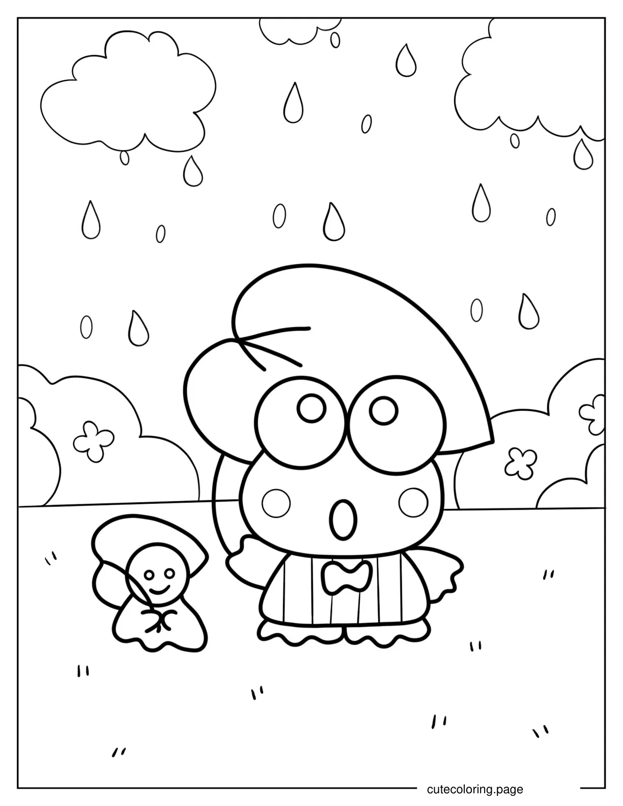 Keroppi And Teru Teru Using Leaf As Umbrella Coloring Page coloring page