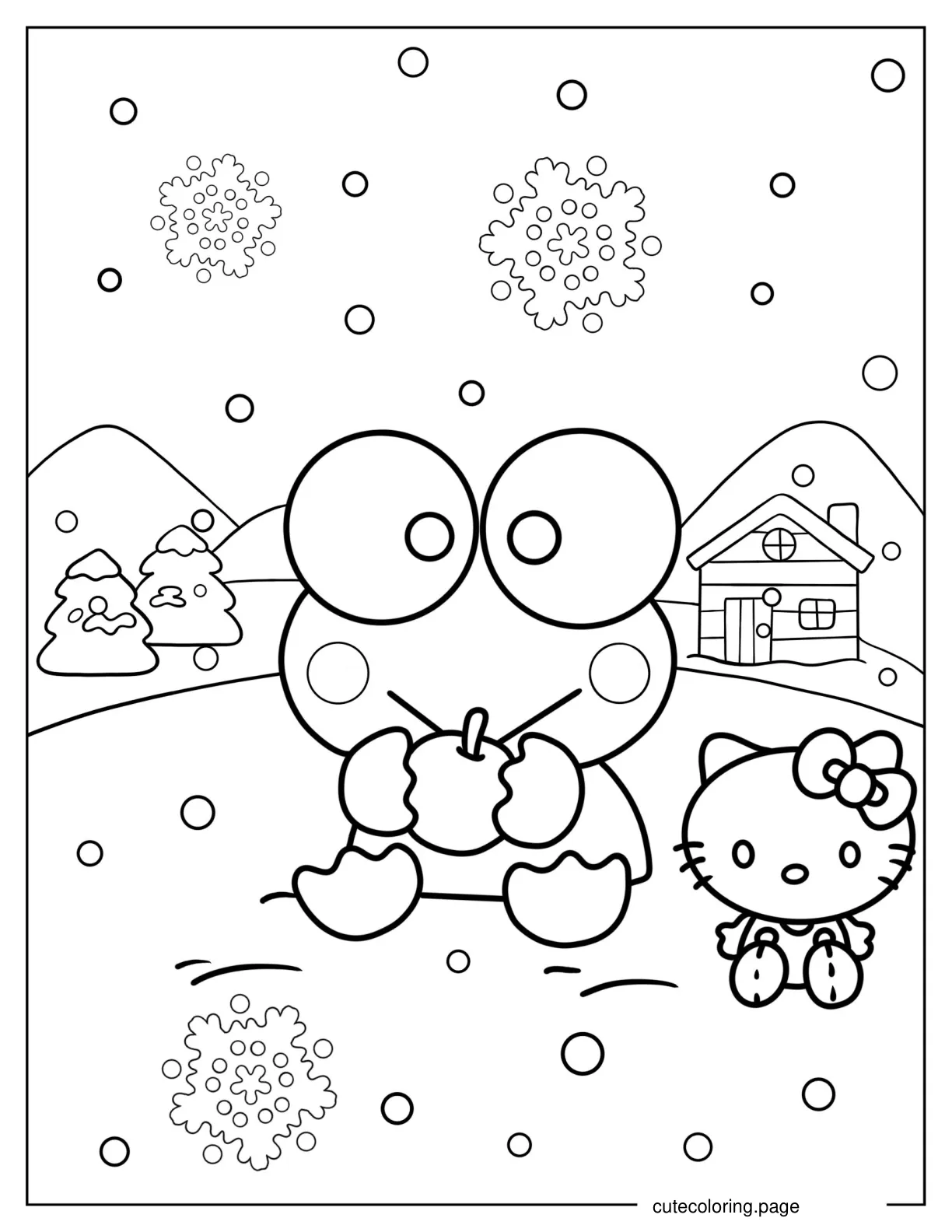 Keroppi Eating Apple With Hello Kitty coloring page