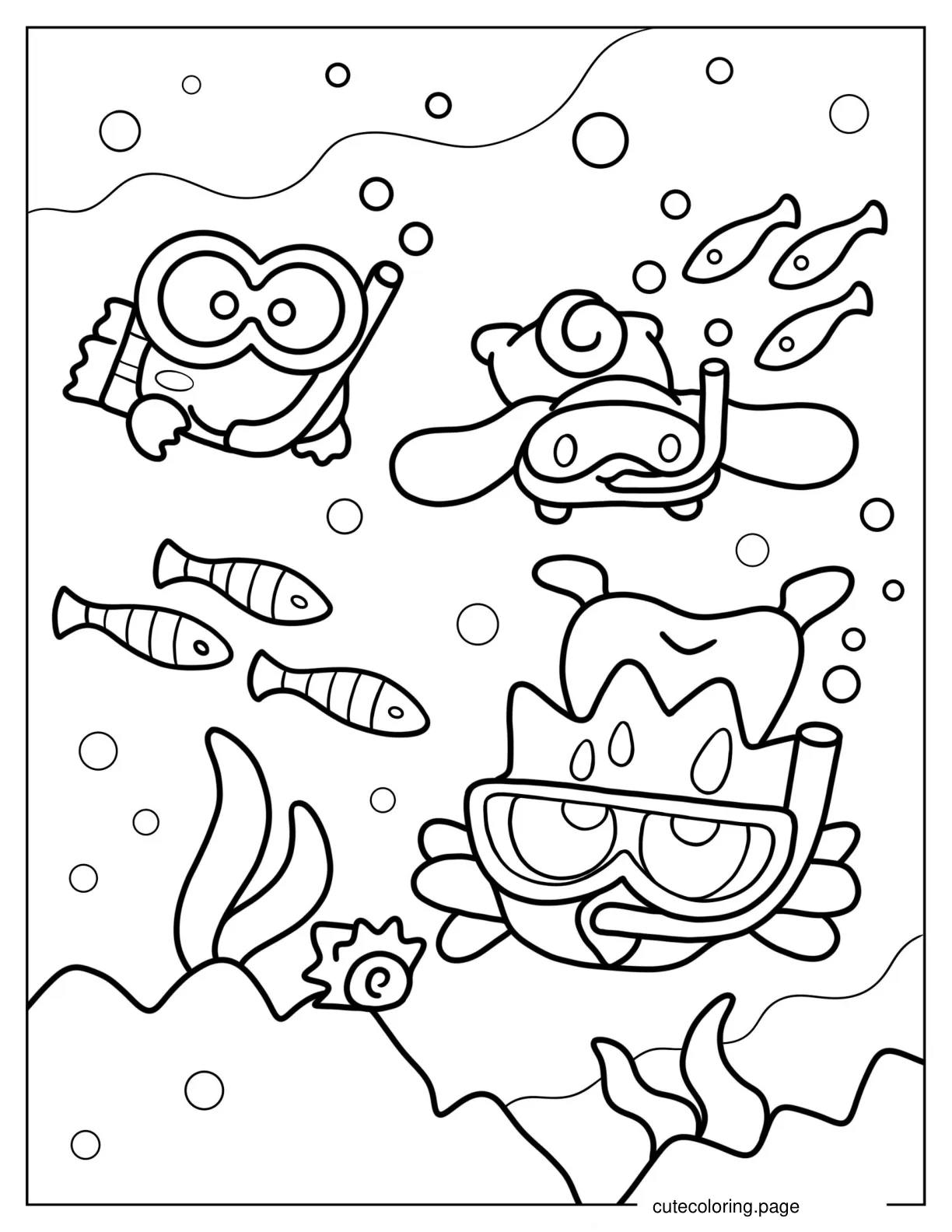 Keroppi Snorkling With Badte Maru And Cinnamaroll coloring page