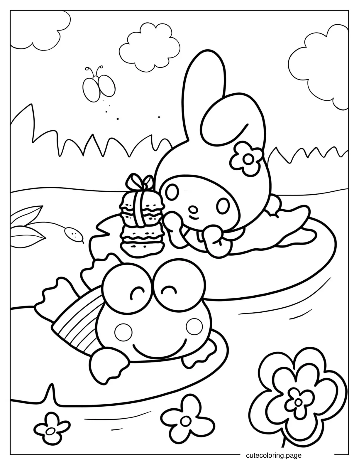 My Melody And Keroppi Sunbathing On Lily Pads Coloring Sheet coloring page