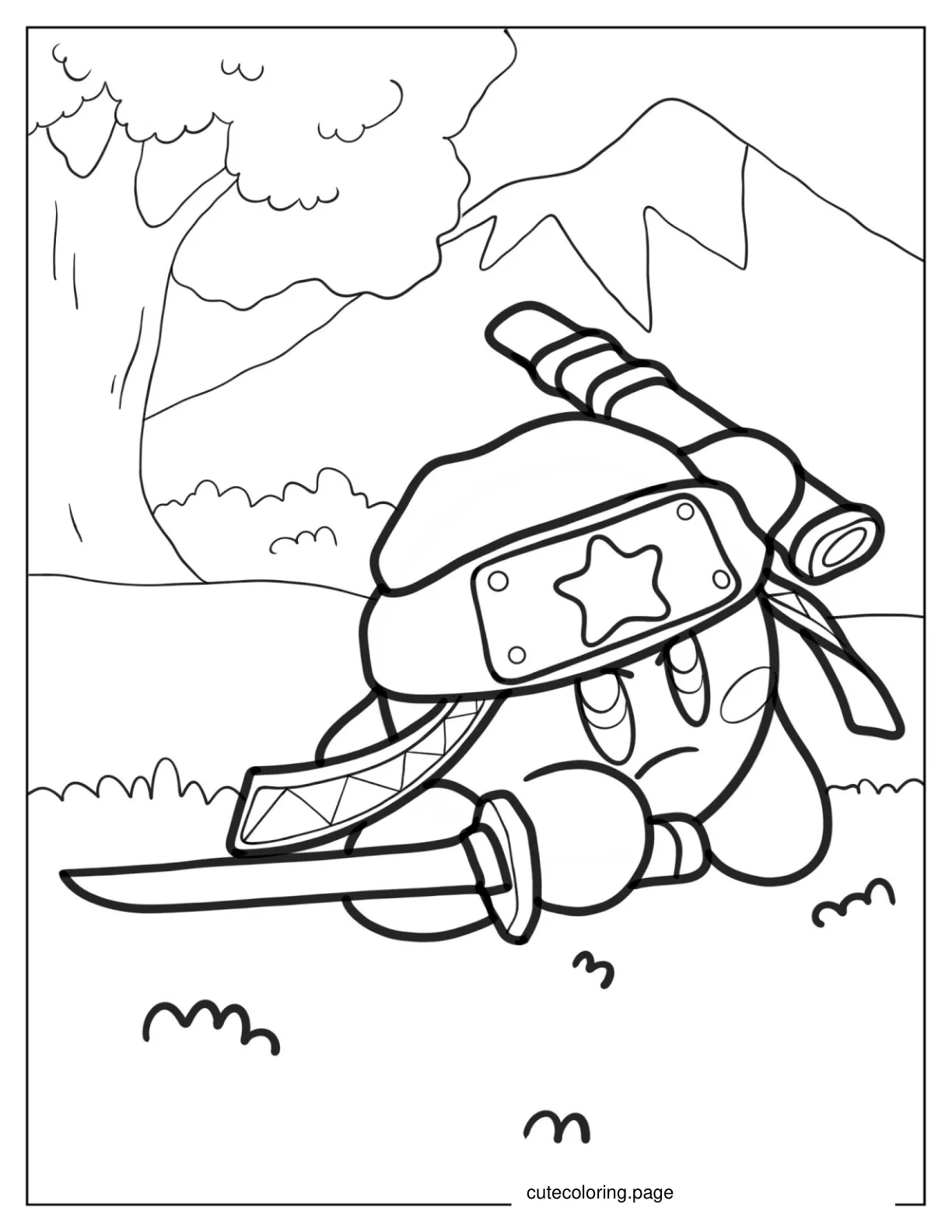 Samurai Ninja Kirby With Mountain In Background coloring page