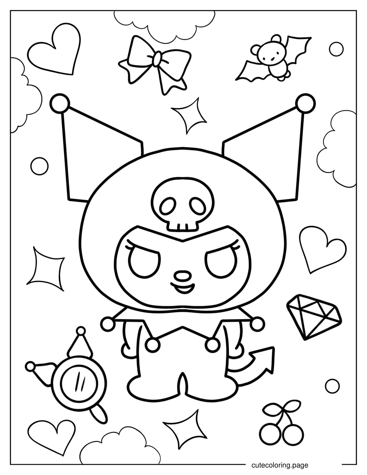 Chibi Kuromi With Bats And Hearts coloring page