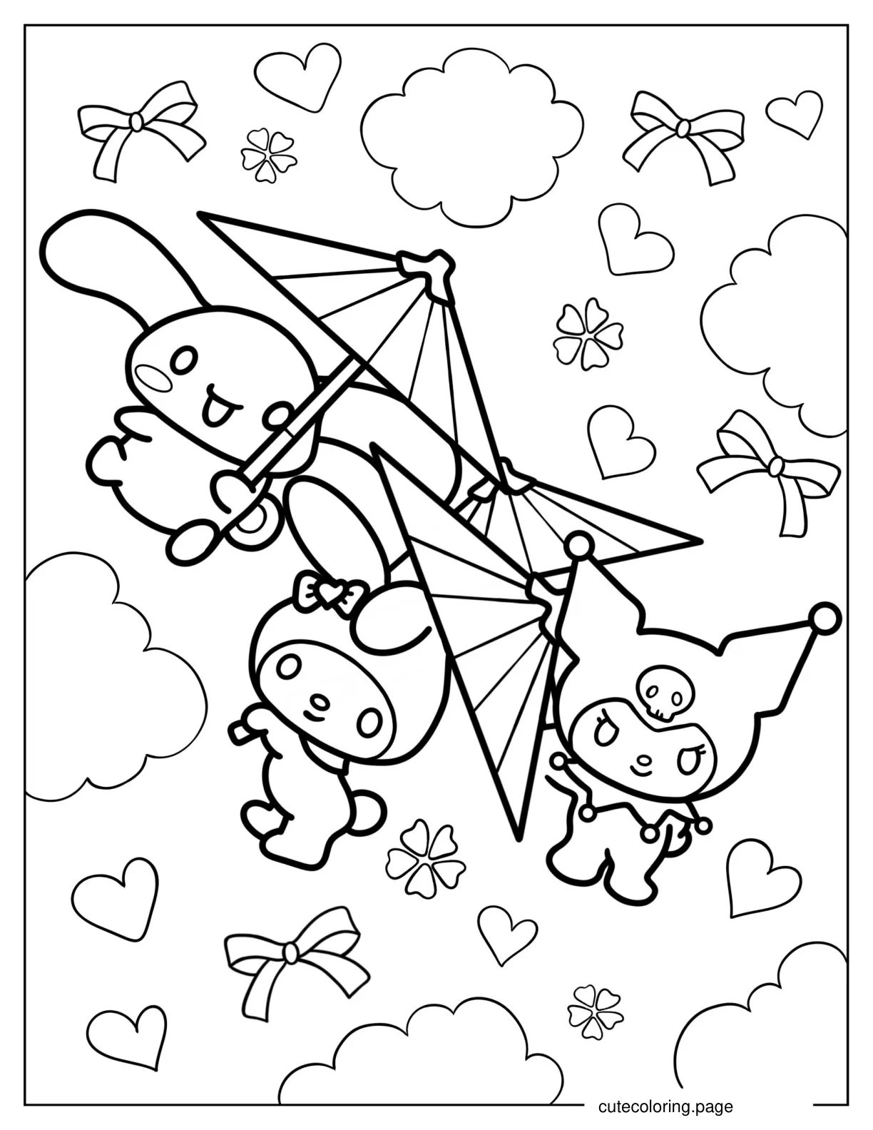 Cinnamoroll My Melody And Kuromi In The Sky With Wagasa coloring page