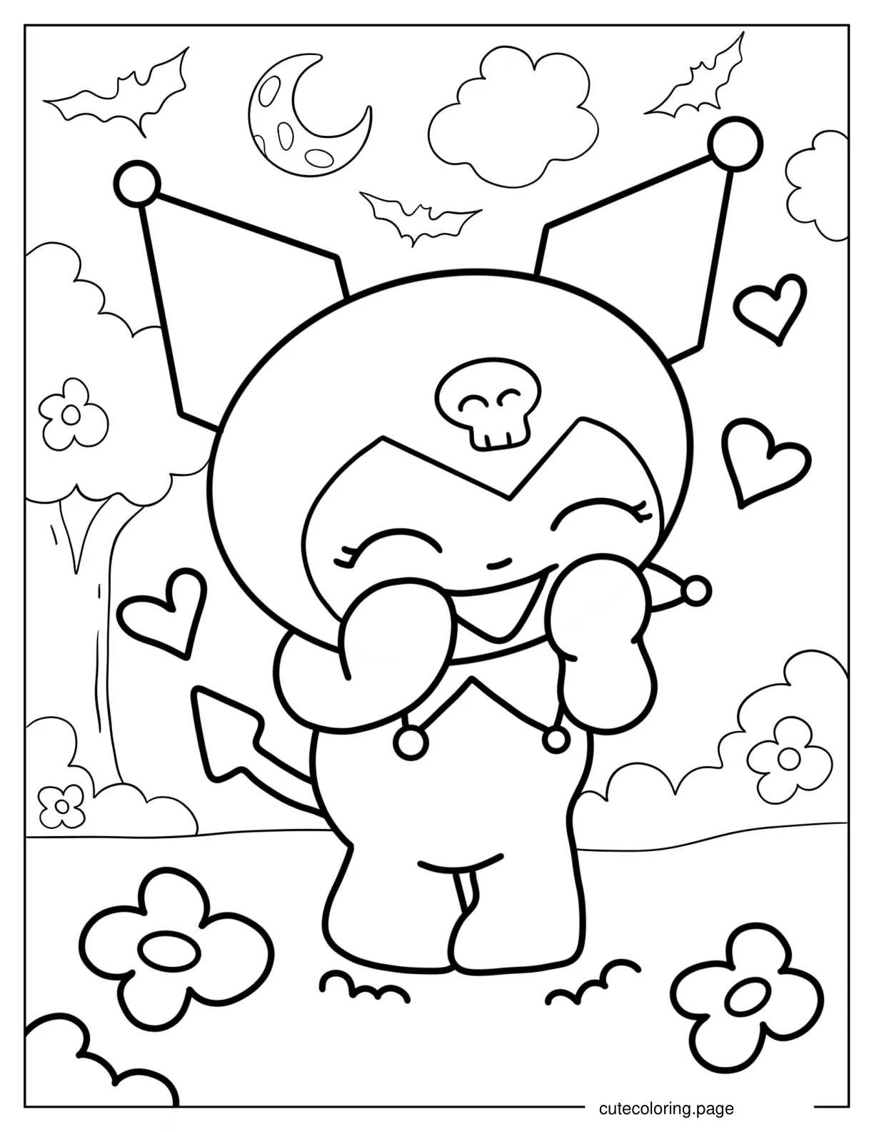 Happy Kuromi Standing In Flower Field Coloring Page coloring page