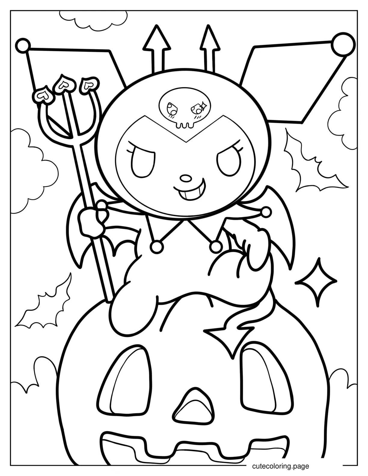 Kuromi Holding Trident While Sitting On Jack O Lantern Halloween Coloring Page coloring page