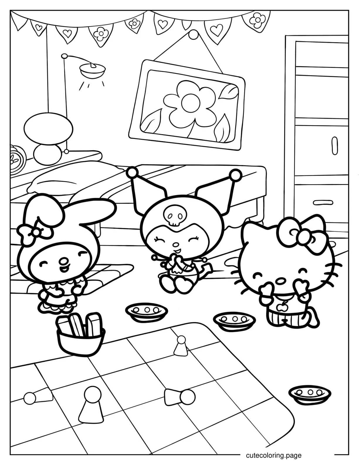 Kuromi Laughing With My Melody And Hello Kitty Coloring Page coloring page