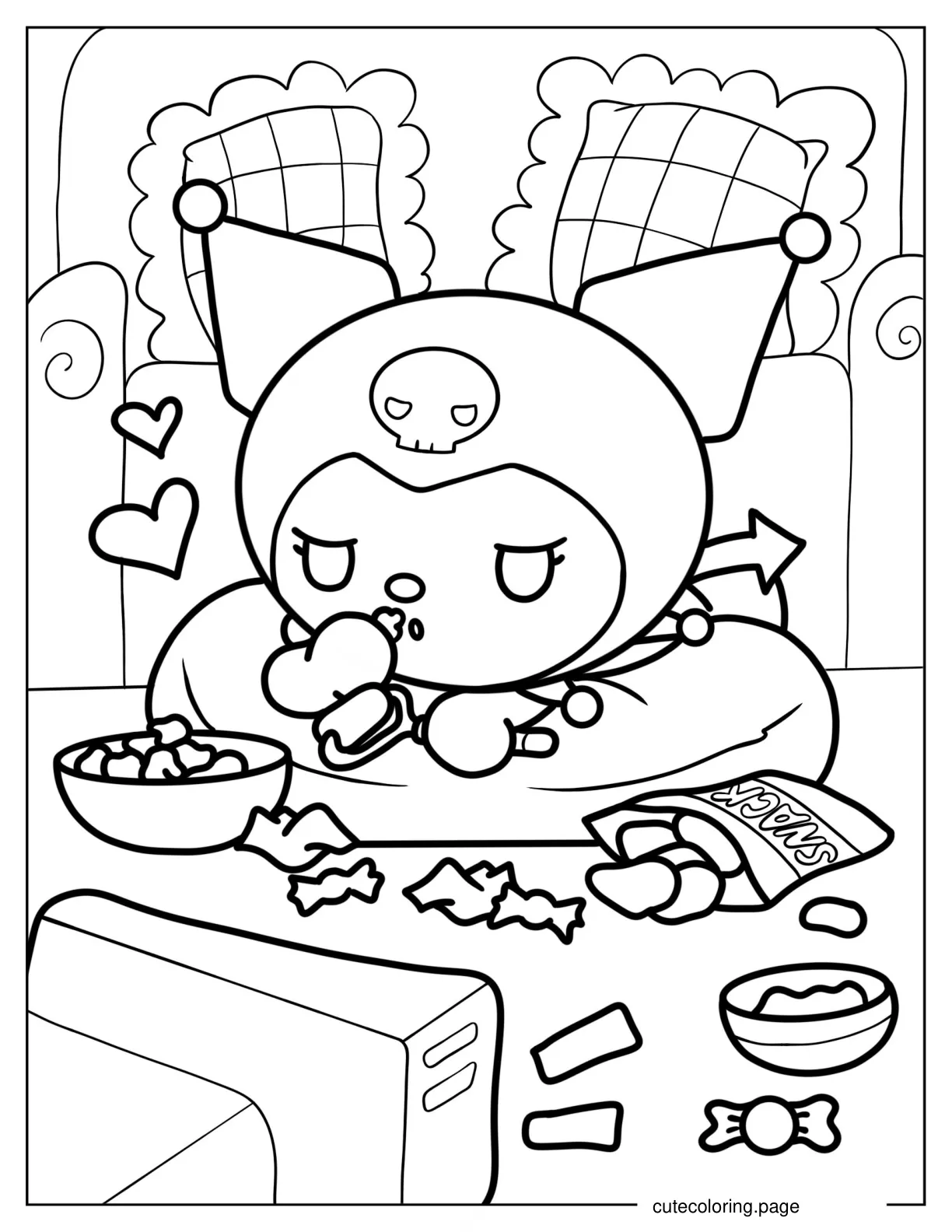 Lazy Kuromi Eating Popcorn And Chips coloring page