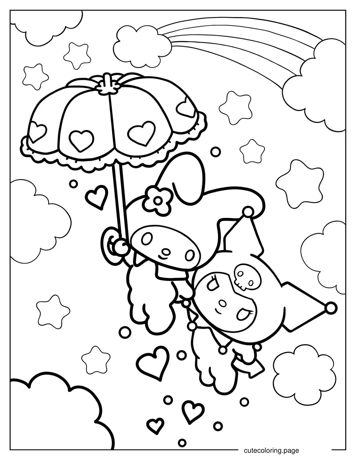 Umbrella Carrying Kuromi And Melody In The Air coloring page