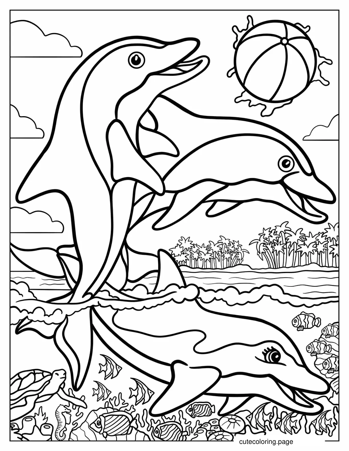 Lisa Frank Dolphins Playing With Beach Ball Coloring Sheet For Kids coloring page